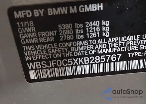 2019 BMW M5 Competition z USA, uszkodzony, nr VIN WBSJF0C5XKB285767